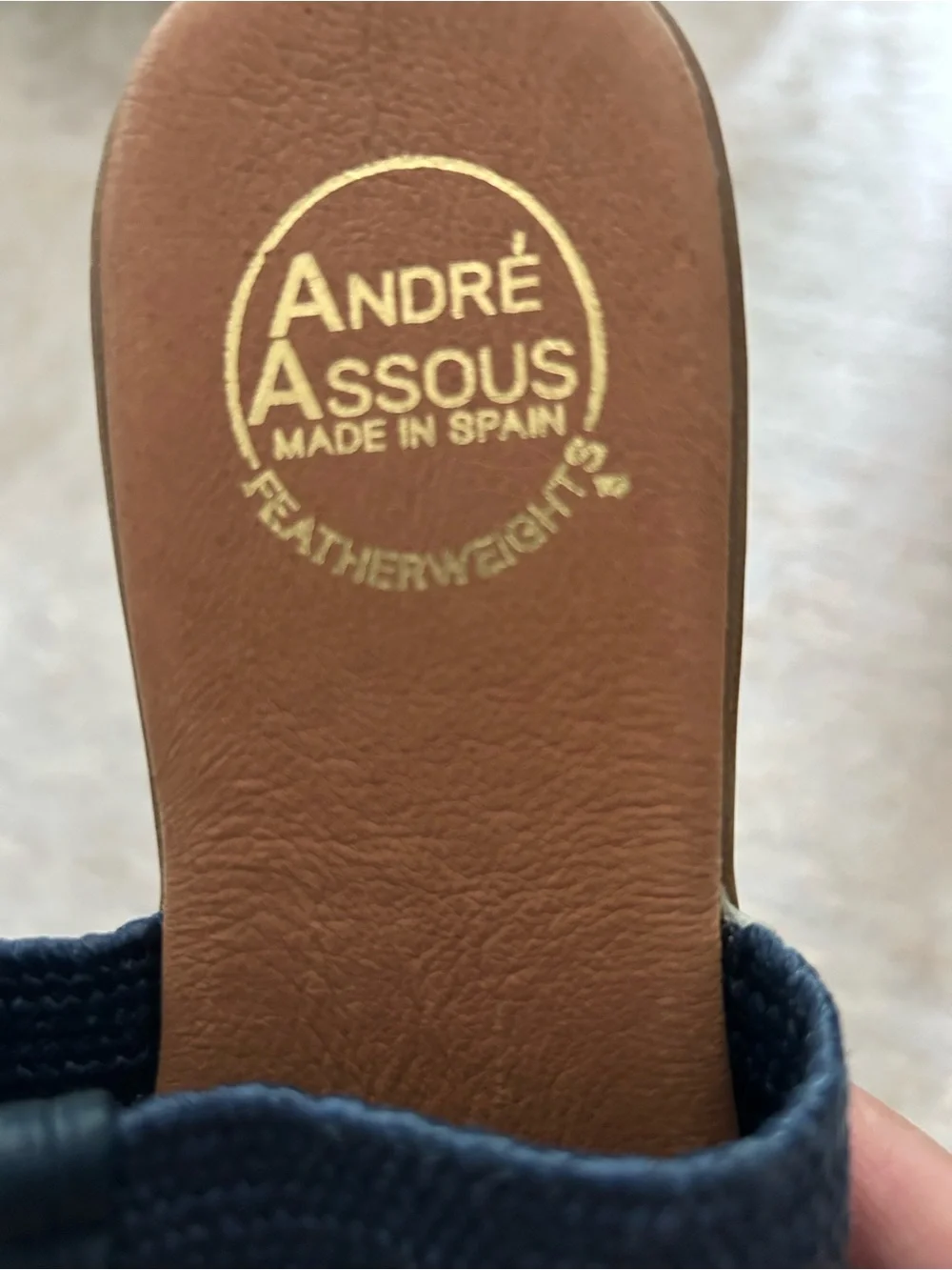 Andre Assous Navy Woven Toe-Loop Slide Sandals with Tan Footbed